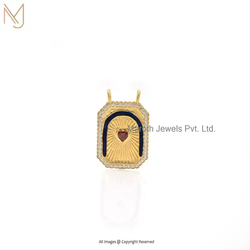 14K Yellow Gold CZ And Blue Enamel & Red Enamel Custom Heart Design Pendant Jewelry Supplier