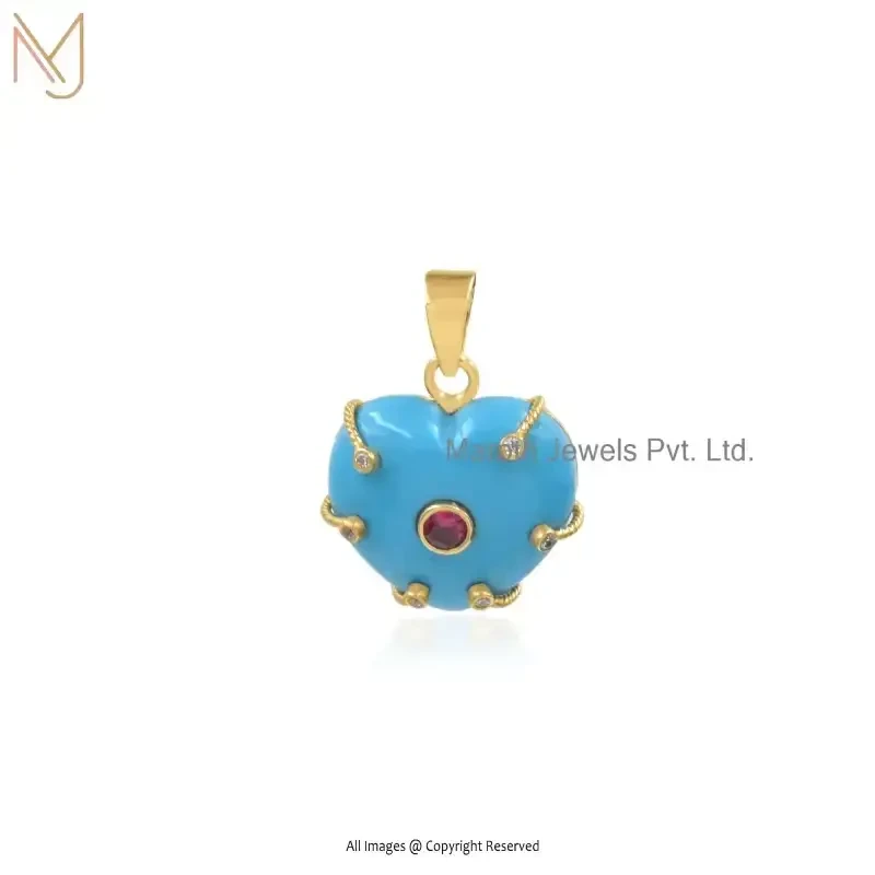 925 Silver Yellow Gold Plated Turquoise And Red Cubic Zircon Heart Gemstone Pendant USA