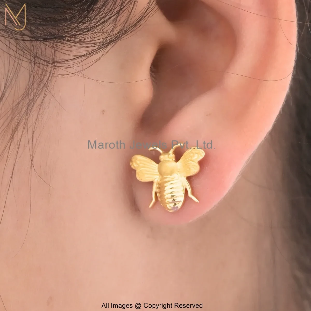 14K Yellow Gold Bee Stud Earring Custom Jewelry