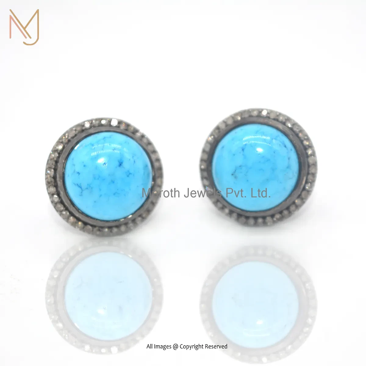 925 Silver Rhodium Plated Pave Diamond Turquoise Stud Earring Custom Jewelry