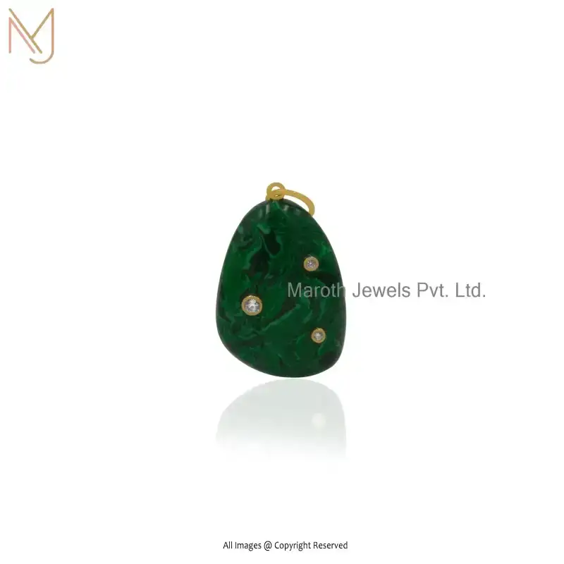 925 Silver Yellow Gold Plated Malachite & Cubic Zircon Teardrop Gemstone Pendant Custom Jewelry