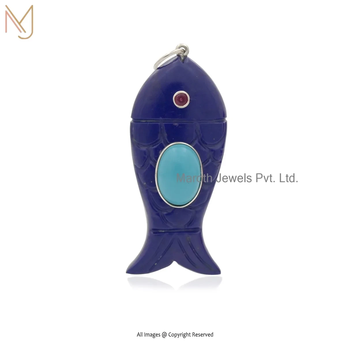 Private Lable 925 Silver Natural Silver Plated Lapiz Lazuli And Turquoise & Ruby CZ Fish Pendant