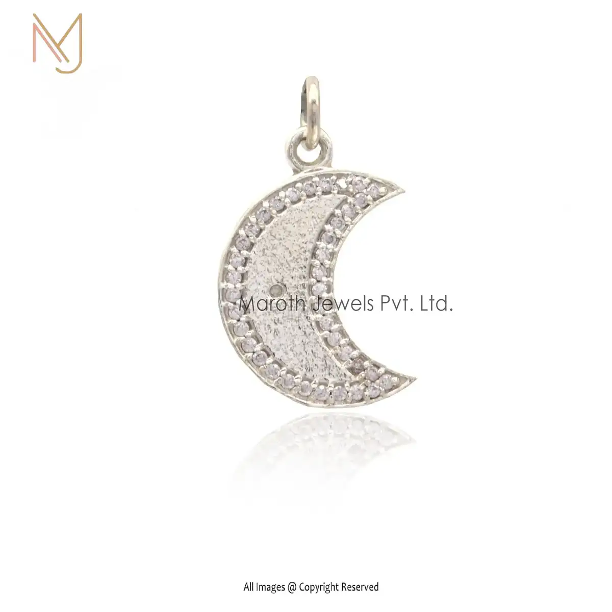 14K White Gold Crescent Moon Pave Diamond Pendant Custom Jewelry