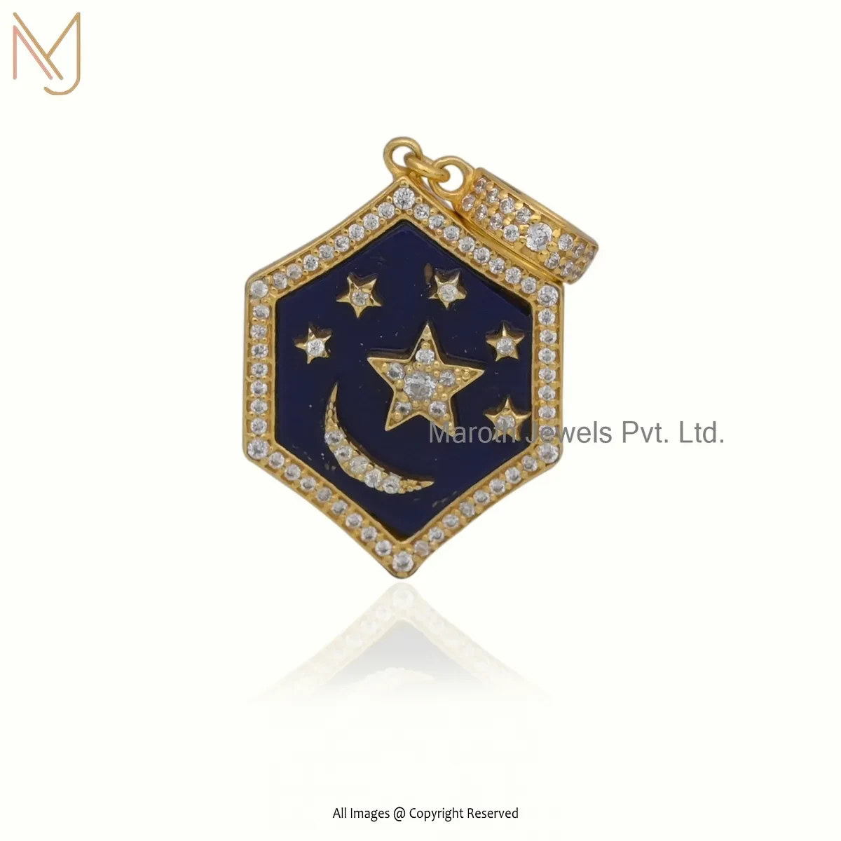 Private Lable 14K Yellow Gold Malachite And Cubic Zircon Hexagon Pendant