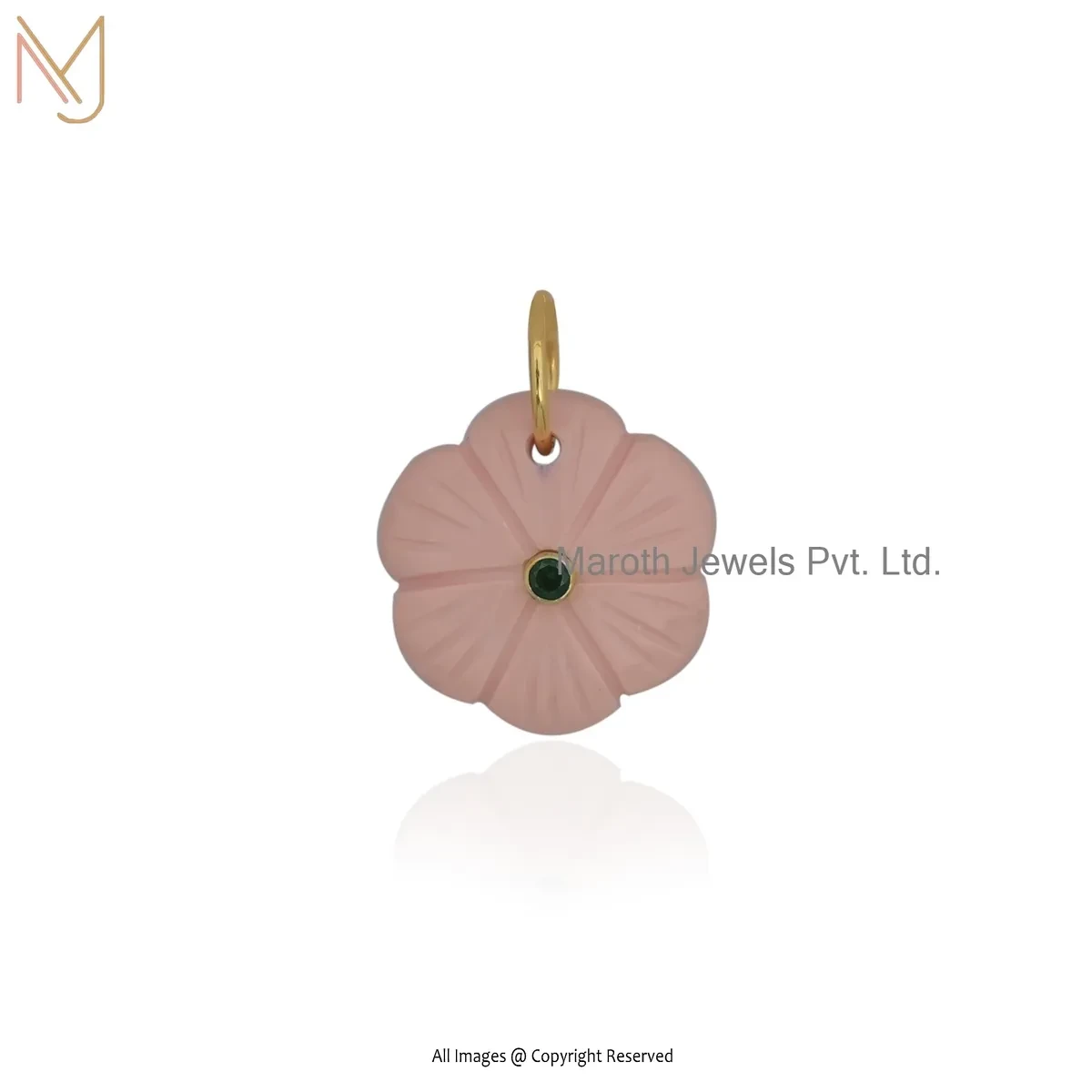 925 Silver Yellow Gold Plated Pink Opal & Cubic Zircon Flower Pendant Custom Jewelry