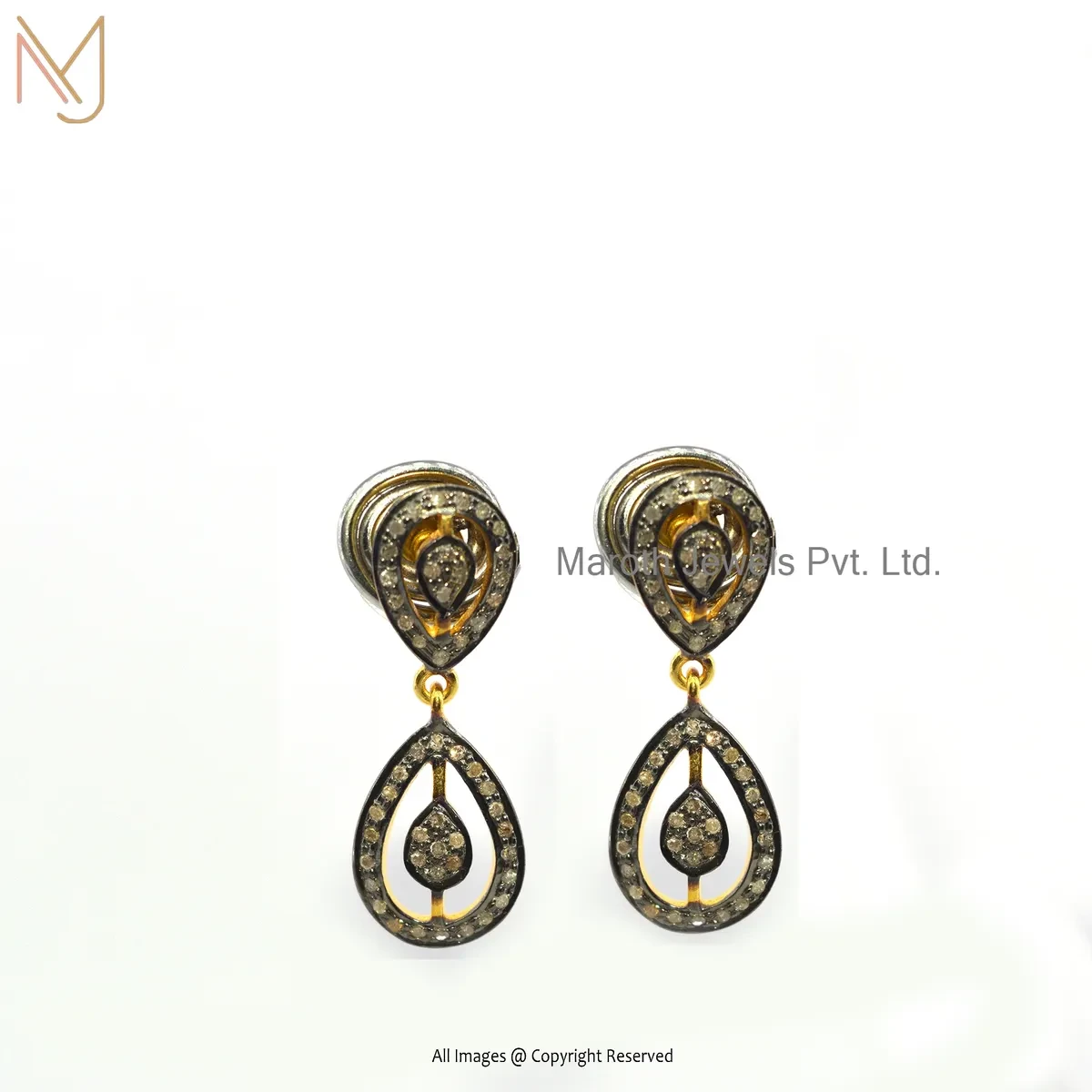 14K Yellow Gold Polki Pave Diamond Dangle Earring Jewelry Supplier