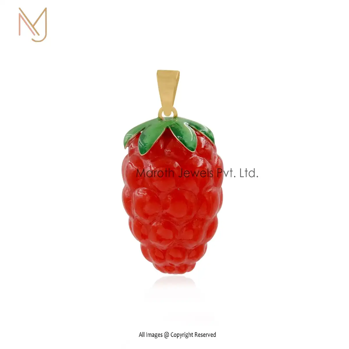 925 Silver Yellow Gold Starwberry Glass & Green Enamel Strawberry Pendant USA