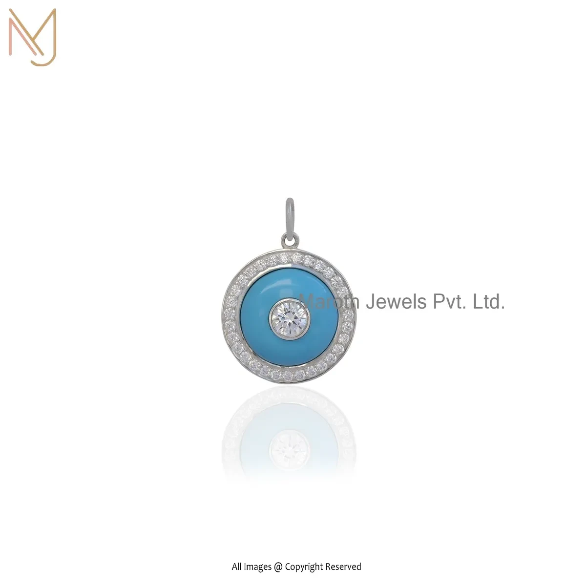 Wholesale 925 Silver Natural Silver Plated Cubic Zircon & Turquoise Gemstone Disc Pendant