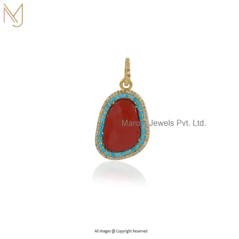 925 Silver Yellow Gold Plated & Turquoise And Diamond Red Coral Gemstone Pendant Jewelry Supplier