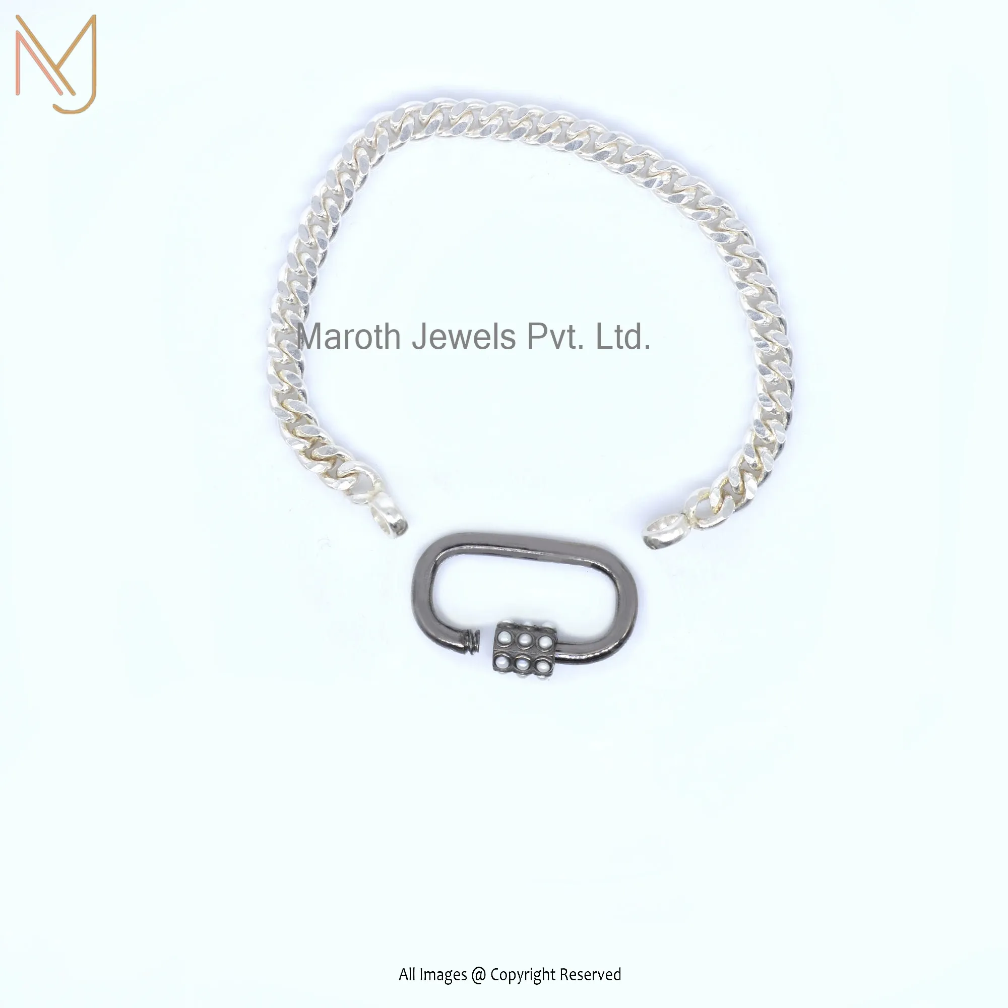 14k Yellow Plated Curb Chain Pearl Gemstone Carabiner Lock Bracelet USA
