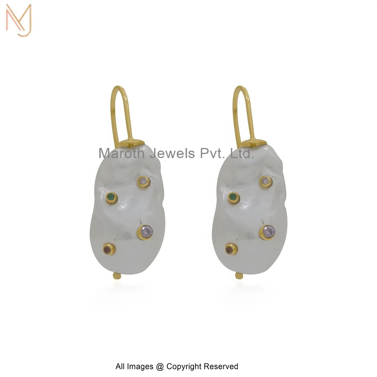 14K Yellow Gold Diamond Cubic Zircon Organic Shape White Stone Multi-Gem Hook Earrings USA