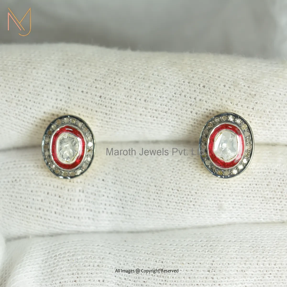 925 Silver Rhodium Yellow Gold Plated Pave Diamond Red Enamel Rose Cut Diamond Stud Earring Manufcaturer