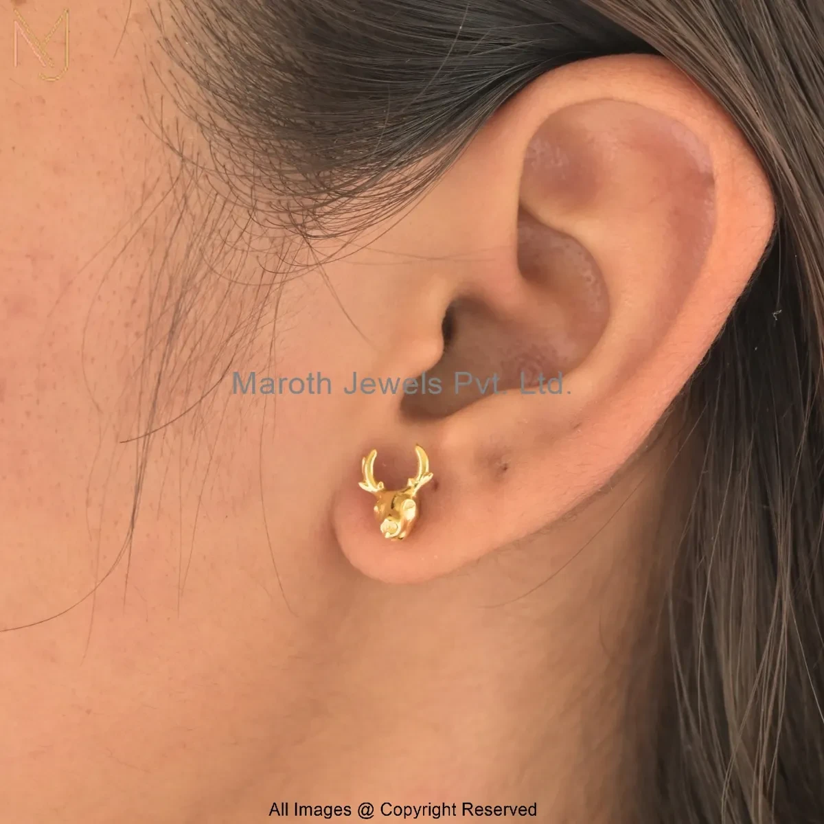 14K Yellow Gold Elegant Stag Head Gold Stud Earring Jewelry Supplier