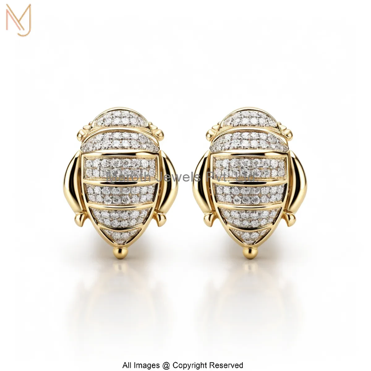 14K Yellow Gold Diamond Scarab Beetle Stud Earring Custom Jewelry