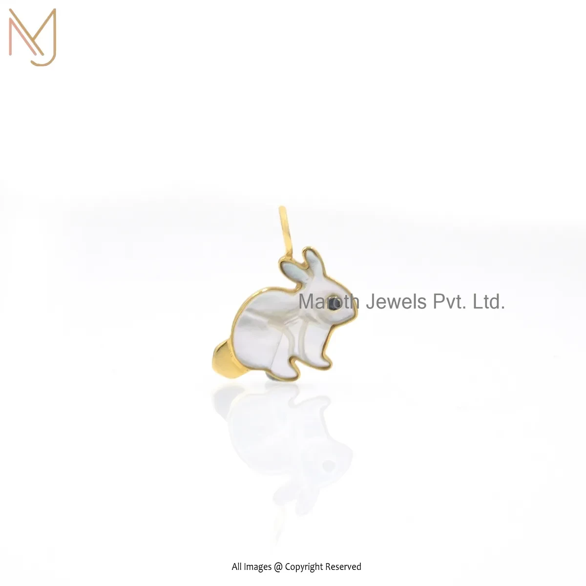 Private Lable 14K Yellow Gold Blue Cubic Zircon & Mother Of Pearl Rabbit Pendant