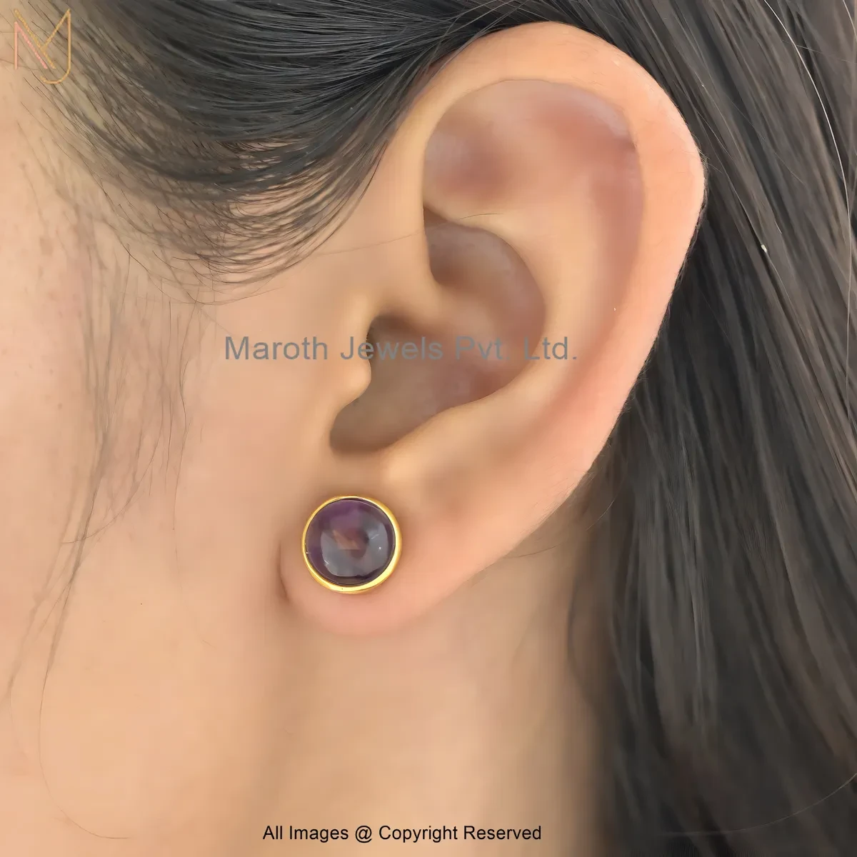 14K Yellow Gold Gemstone Mystic Blue Glow Round Stud Earrings Manufacturer