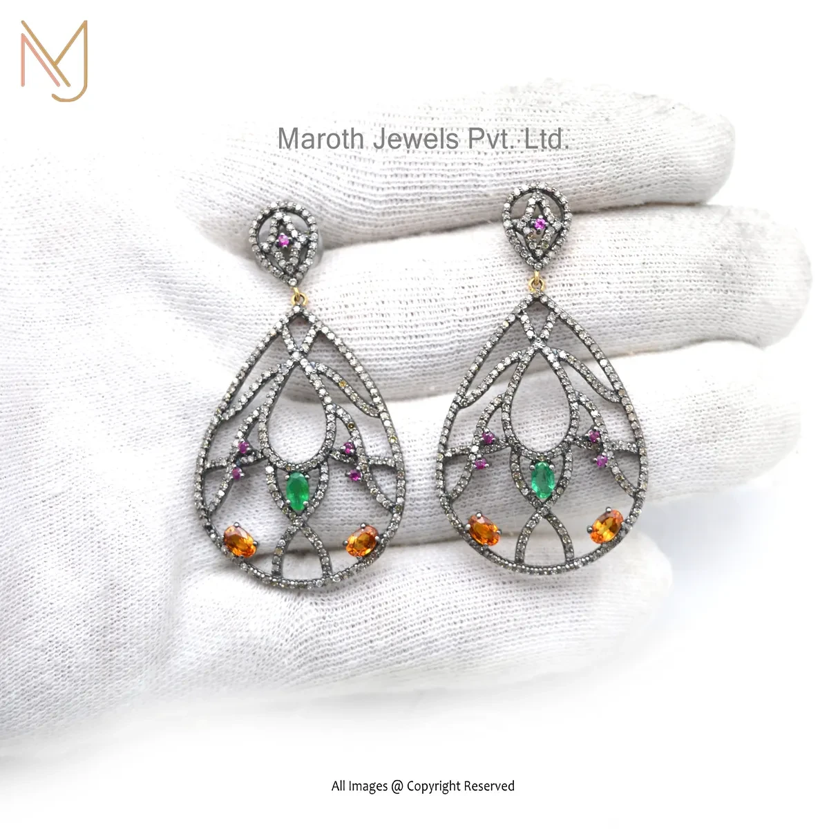 14K Yellow Gold Diamond, Emerald, Ruby, Citrine, Gemstone Drop Earring USA