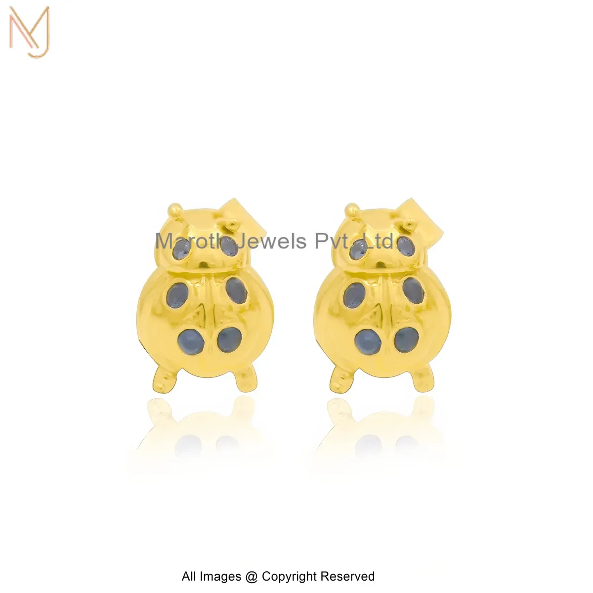 14K Yellow Gold Blue Cubic Zircon Ladybug Stud Earring Custom Jewelry