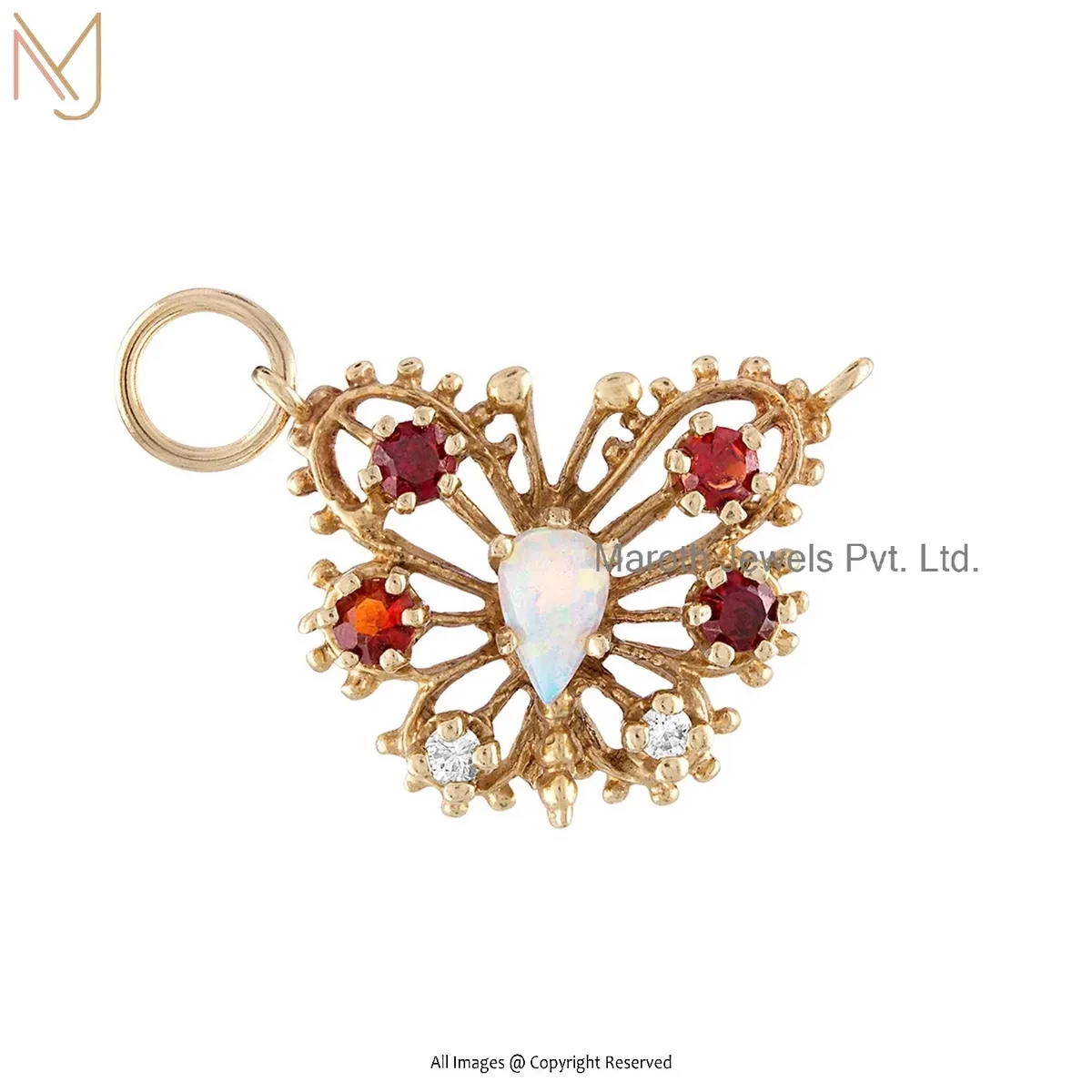 14K Yellow Gold Diamond Ruby And Opal Gemstone Butterfly Charms Pendant Jewelry USA