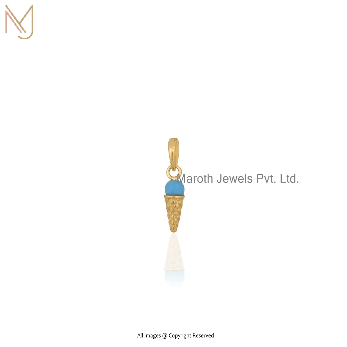 Private Lable 925 Silver Yellow Gold Plated Red Coral Gemstoen Ice Cream Cone Pendant