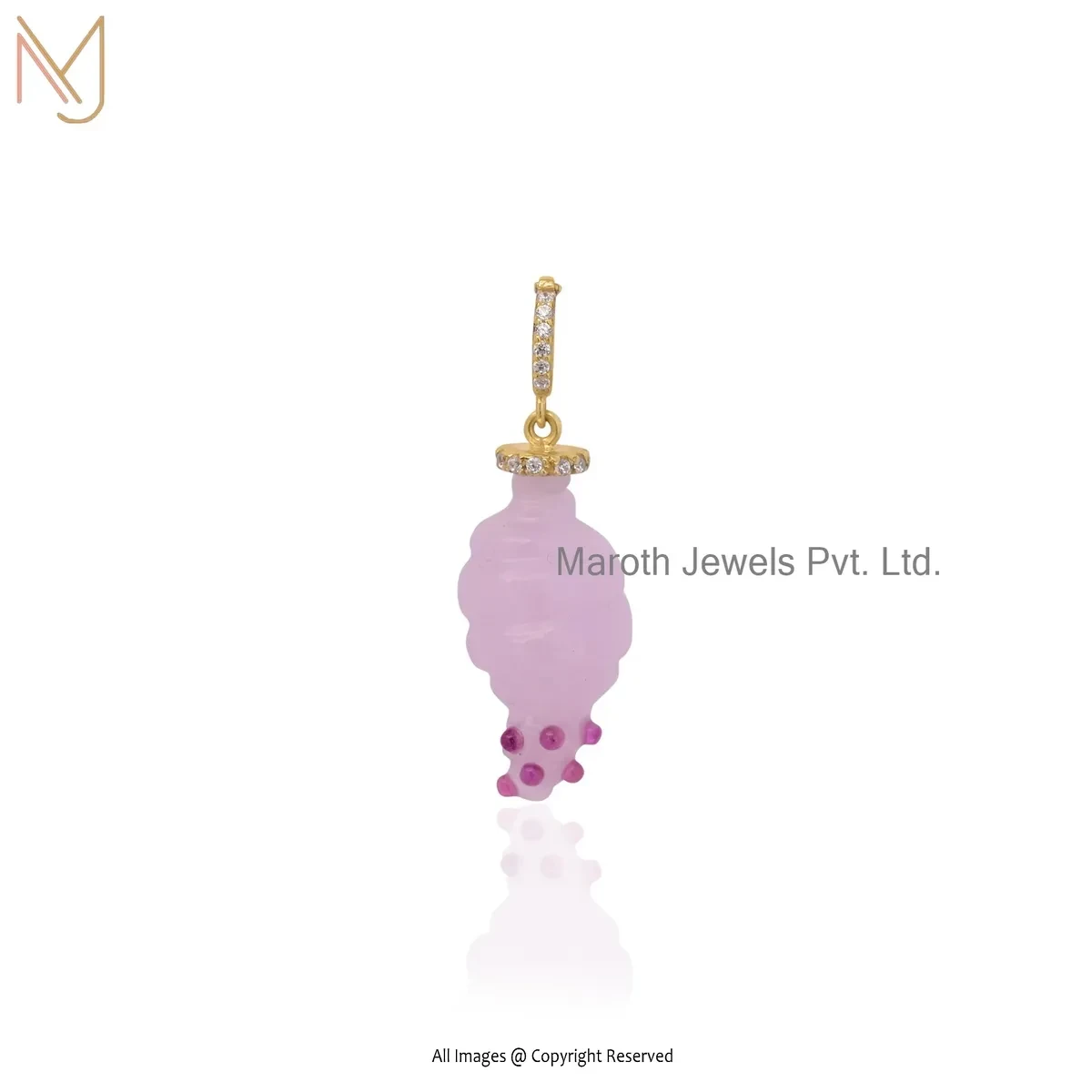 14K Yellow Gold Ruby Cubic Zircon & Rose Quartz Gemstone Conch Shell Pendant USA