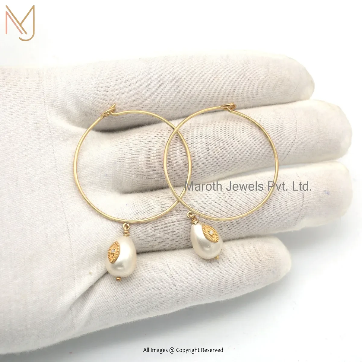 14K Yellow Gold Diamond Pearl Hoop Earring Jewelry Supplier