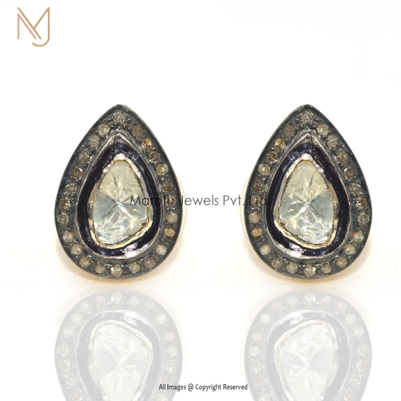 925 Silver Yellow Gold Rhodium Plated Pave Diamond And Rose Cut Diamond  Stud Earring Wholesale