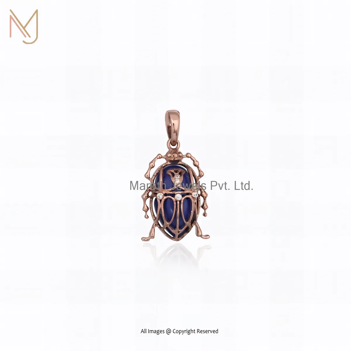 Private Lable 925 Silver Yellow Gold Plated Cubic Zircon & Lapiz Lazuli Gemstone Scarab Charm Pendant