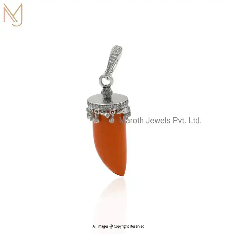 925 Silver Natural Silver Plated Orange Coral & Moissanite Gemstone Horn Pendant USA