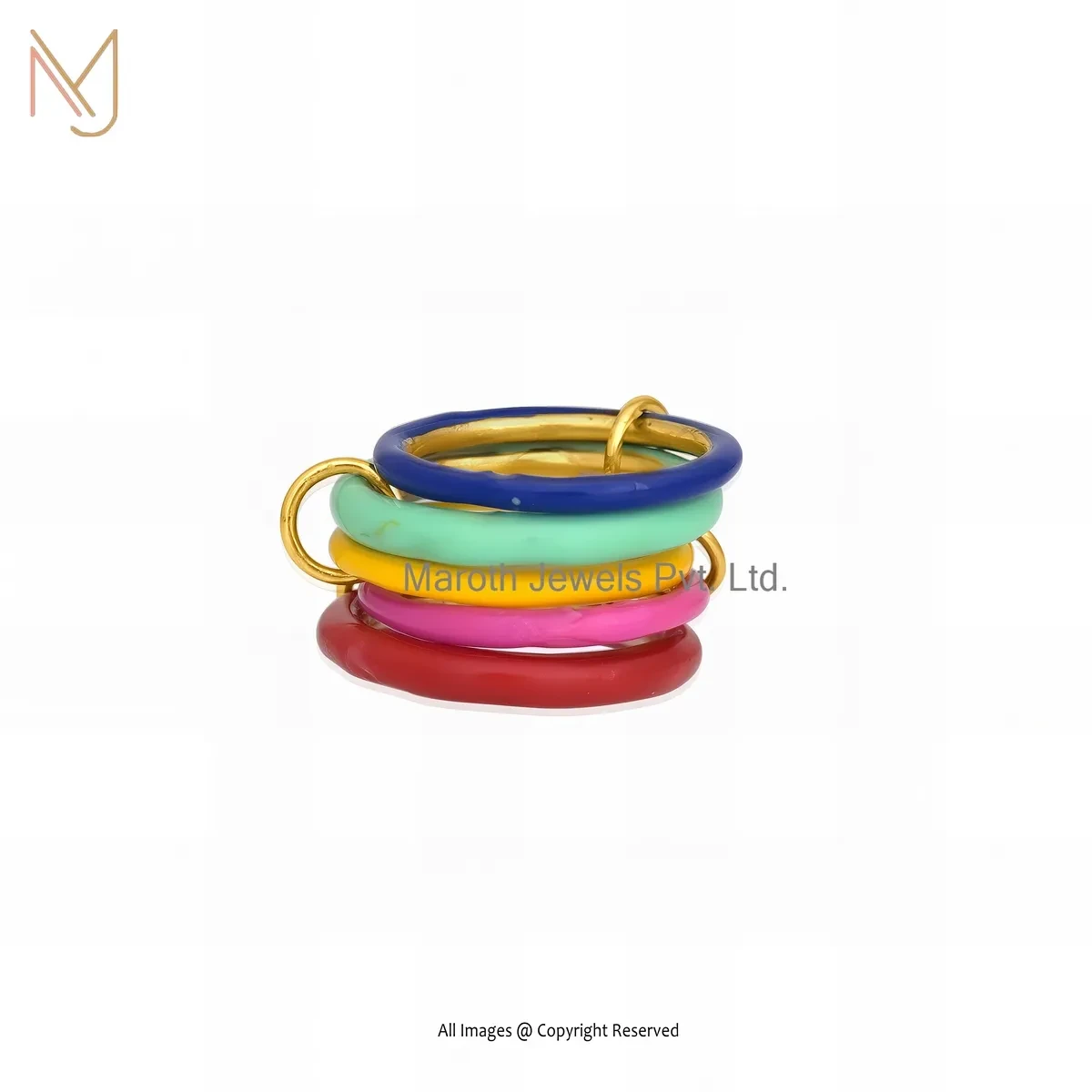 925 Silver Yellow Gold Plated Multi Enamel Band Connector Ring Jewelry Supplier