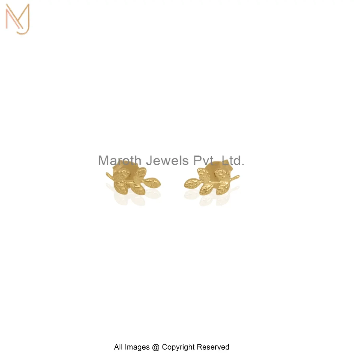 14K Solid Yellow Gold Leaf Stud Earring Jewelry Supplier