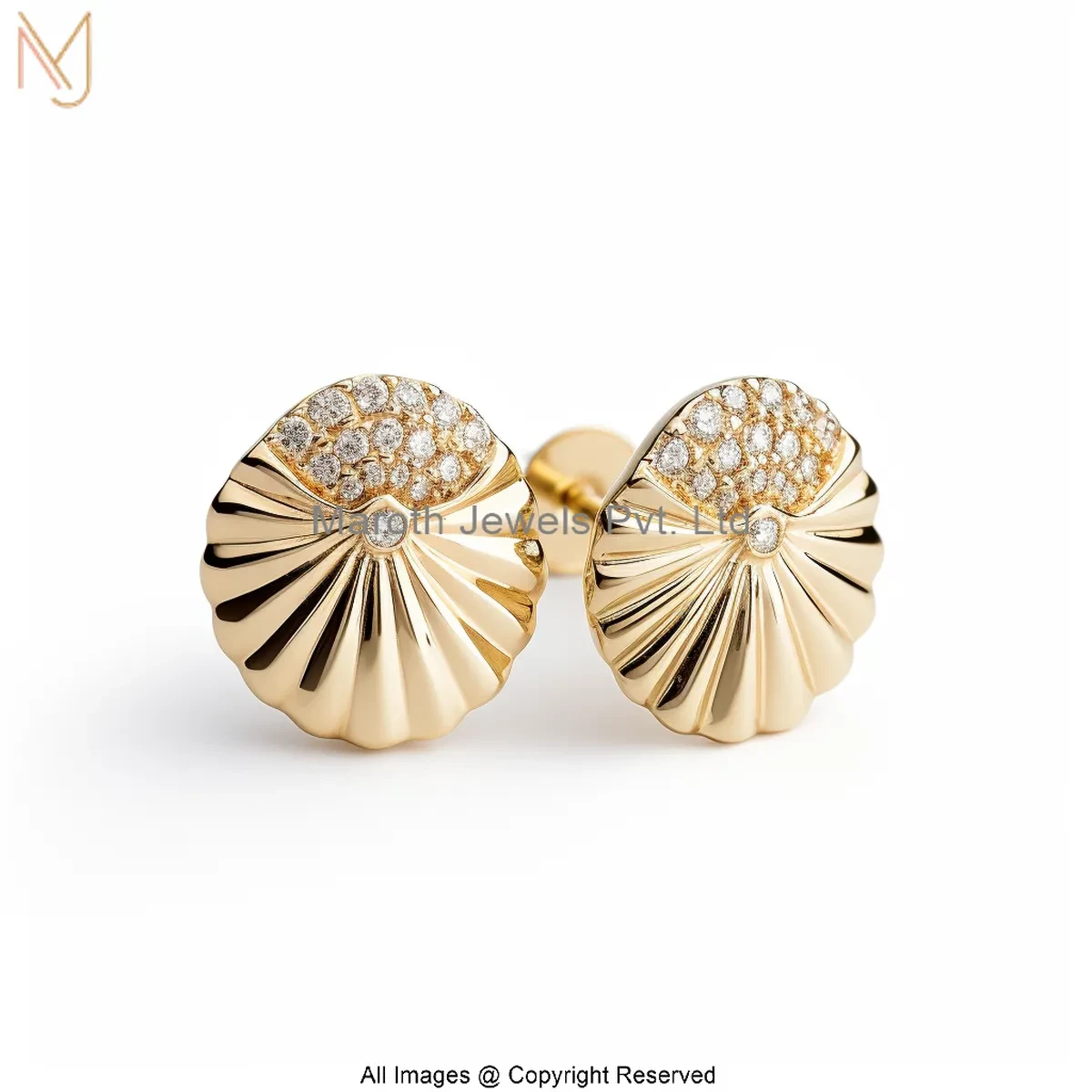 14K Yellow Gold Pave Diamond Moissanite Sea Shell Stud Earring Custom Jewelry