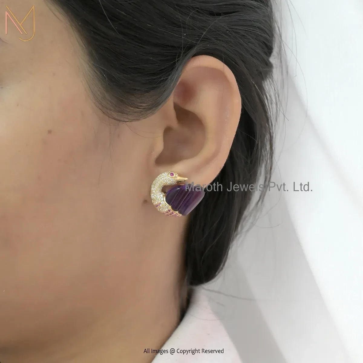 925 Silver Yellow Gold Plated Amethyst & Ruby Gemstone Peacock Studs Earring Manufacturer