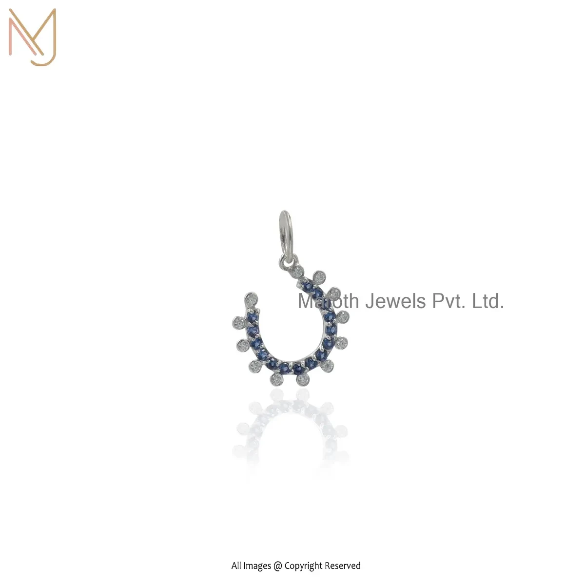 Private Lable 14K Yellow Gold Moissanite & Blue Sapphire Gemstone Horseshoe Charm Pendant