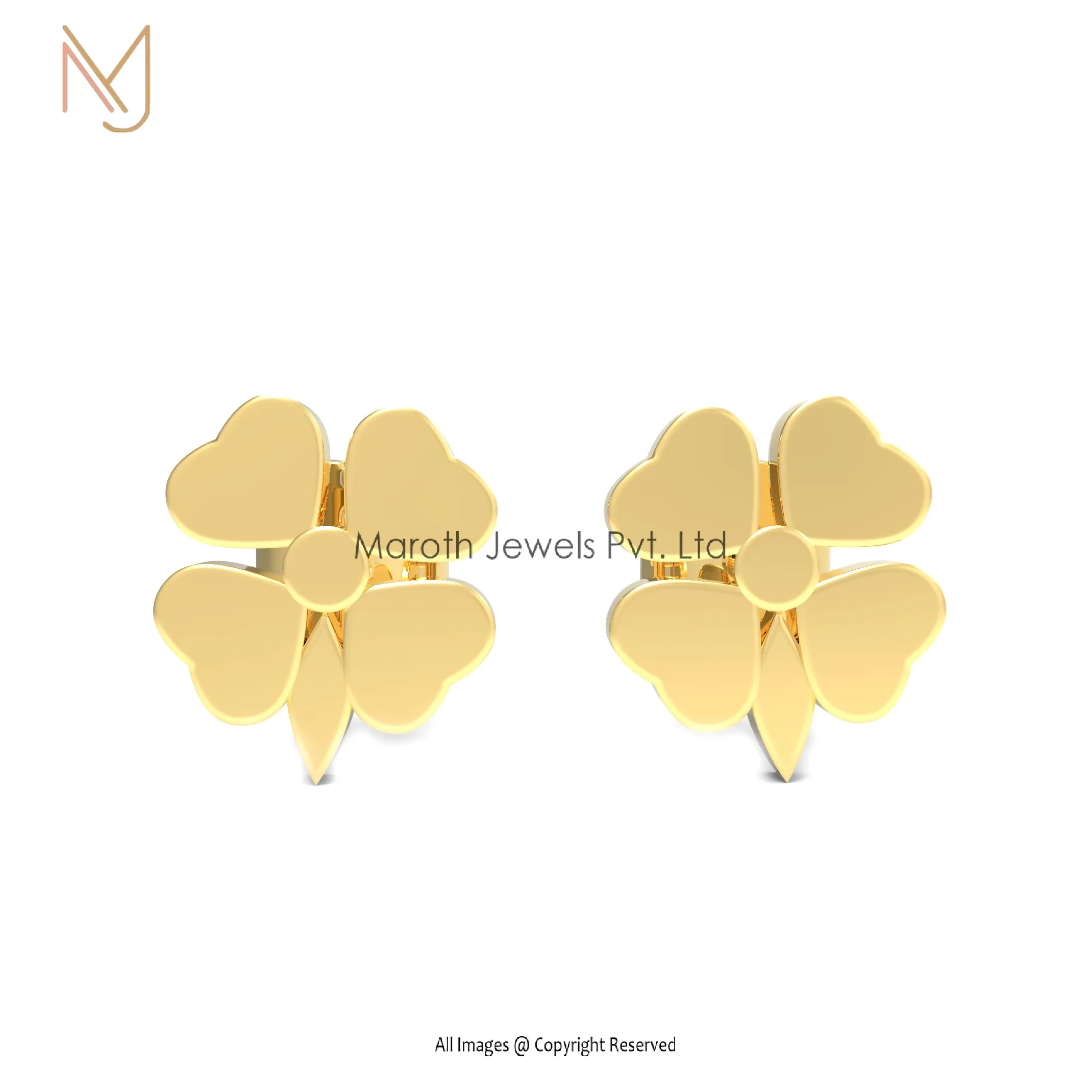 14K Yellow Gold Heart Shape Flower Design Studs Earrings Custom Jewelry