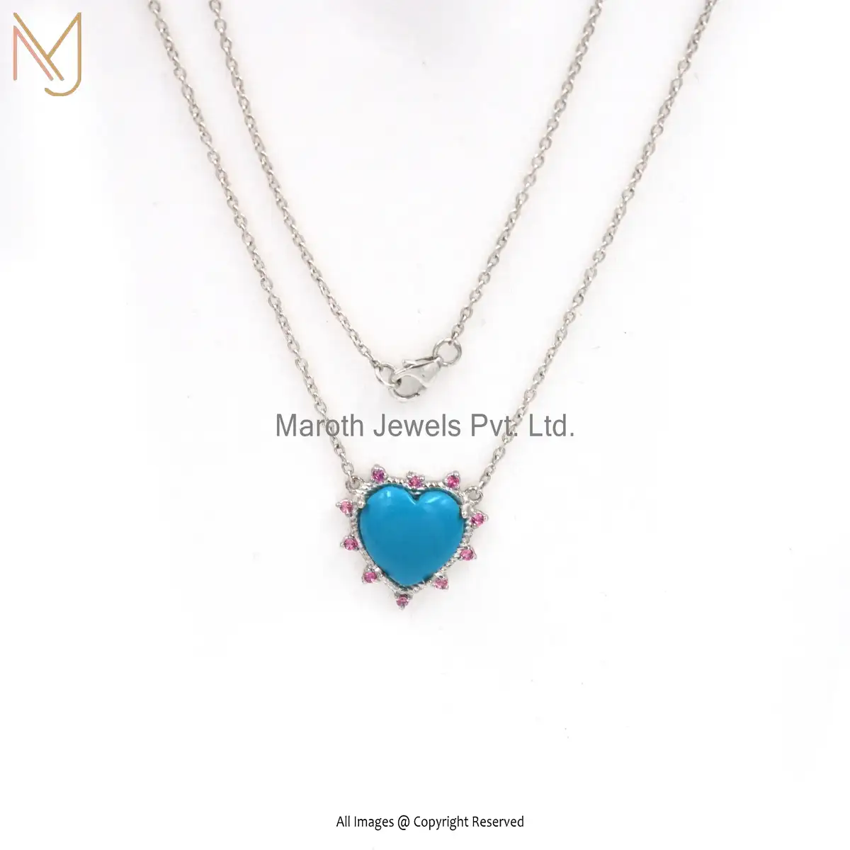 925 Silver Natural Silver Turquoise & Pink Cubic Zircon Heart Pendant Jewelry Supplier