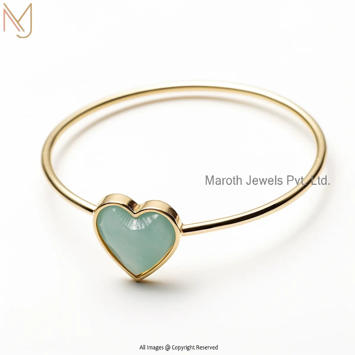 925 Silver Yellow Gold Plated Amazonite Heart Bangle Jewelry Supplier