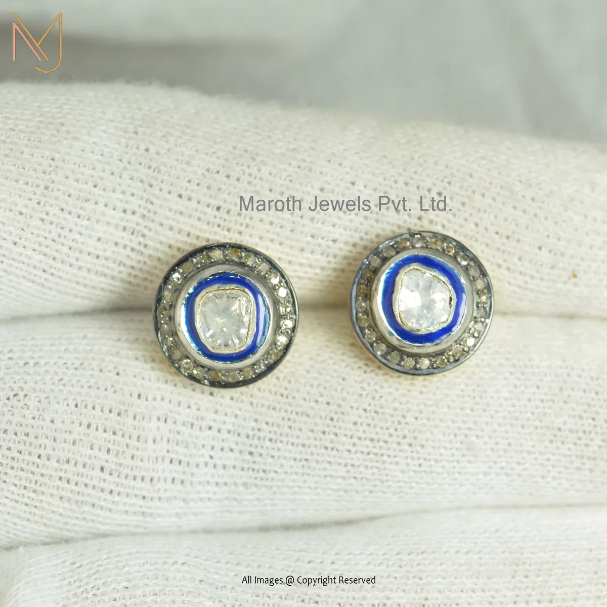 14K Yellow Gold Pave Diamond And Blue Enamel Rose Cut Polki Diamond Stud Earring USA