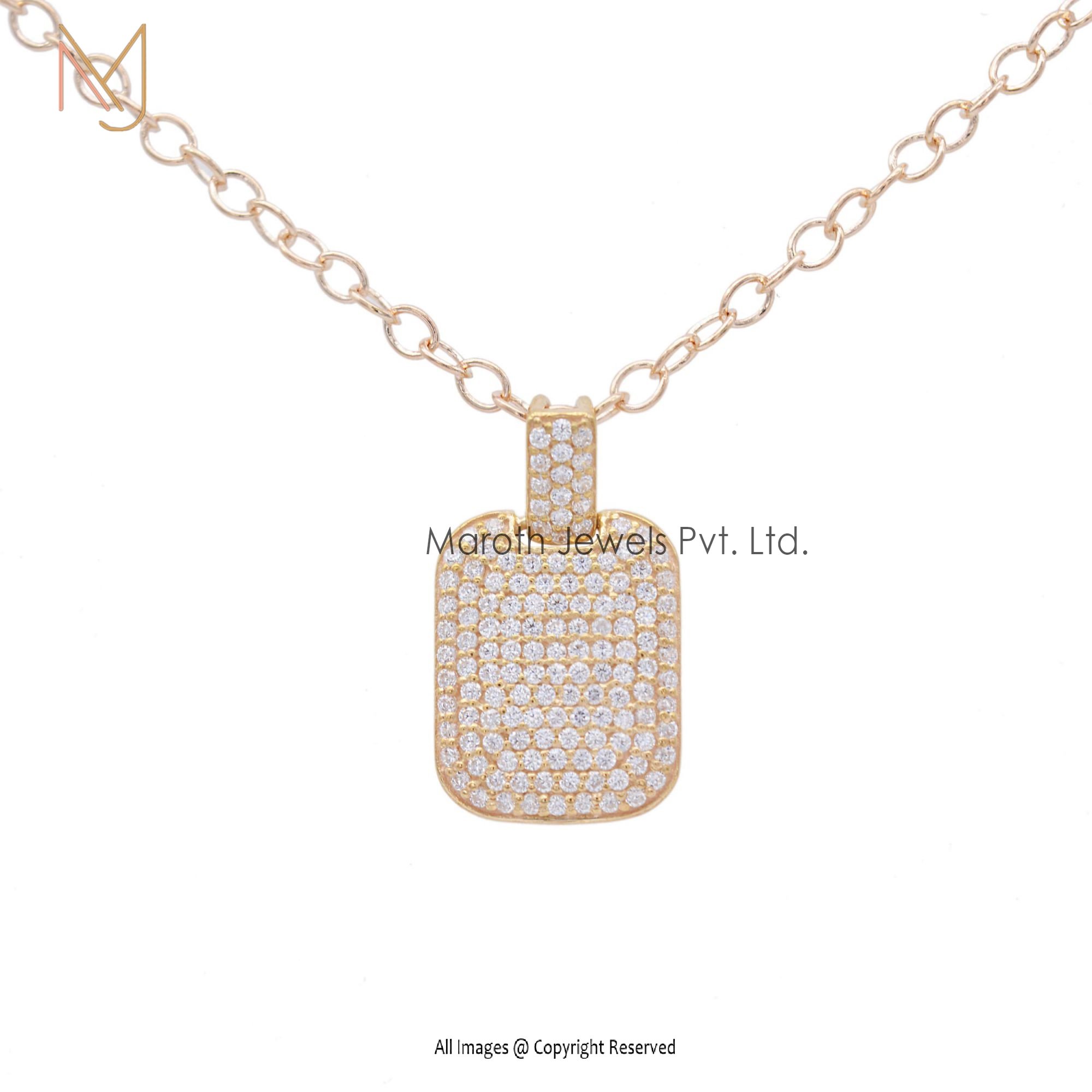 14K Yellow Gold Dog Tag Pave Diamond Pendant Jewelry