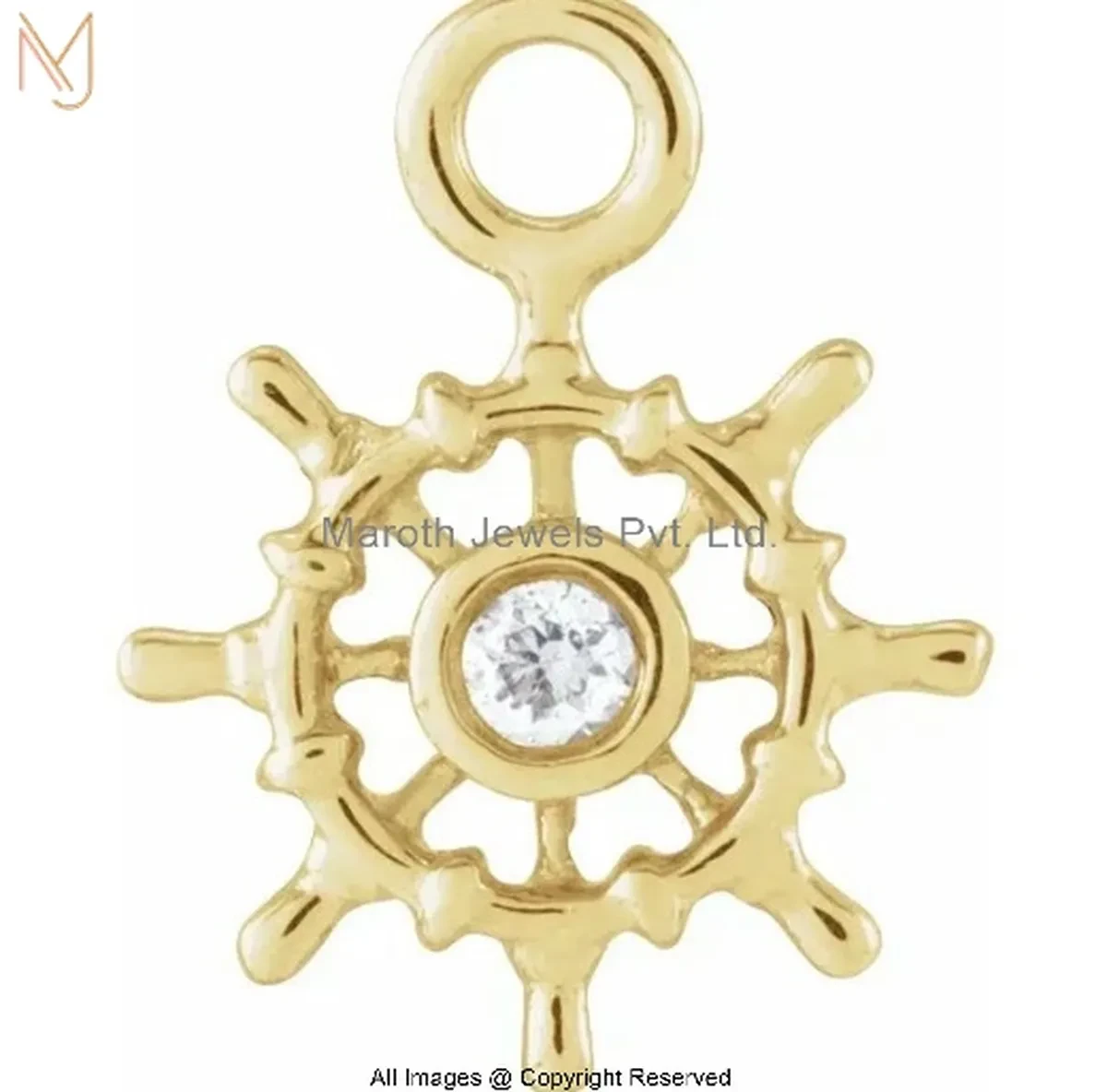 Wholesale 14K Yellow Gold Cubic Zircon Diamond Ship's Wheel Charm Necklace Jewelry