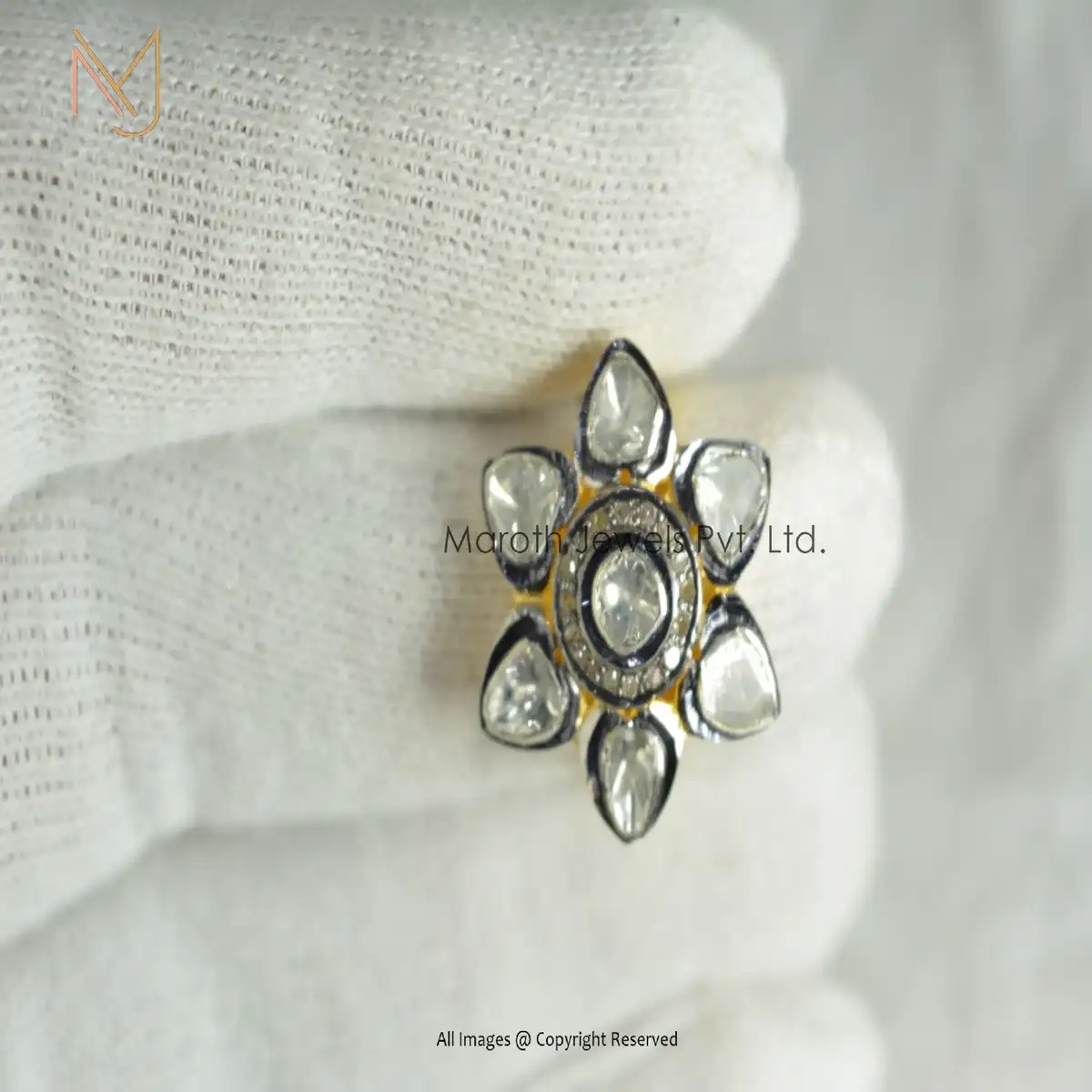 925 Silver Yellow Gold Rhodium Plated Pave Diamond & Rose Cut Diamond Ring Manufacturer