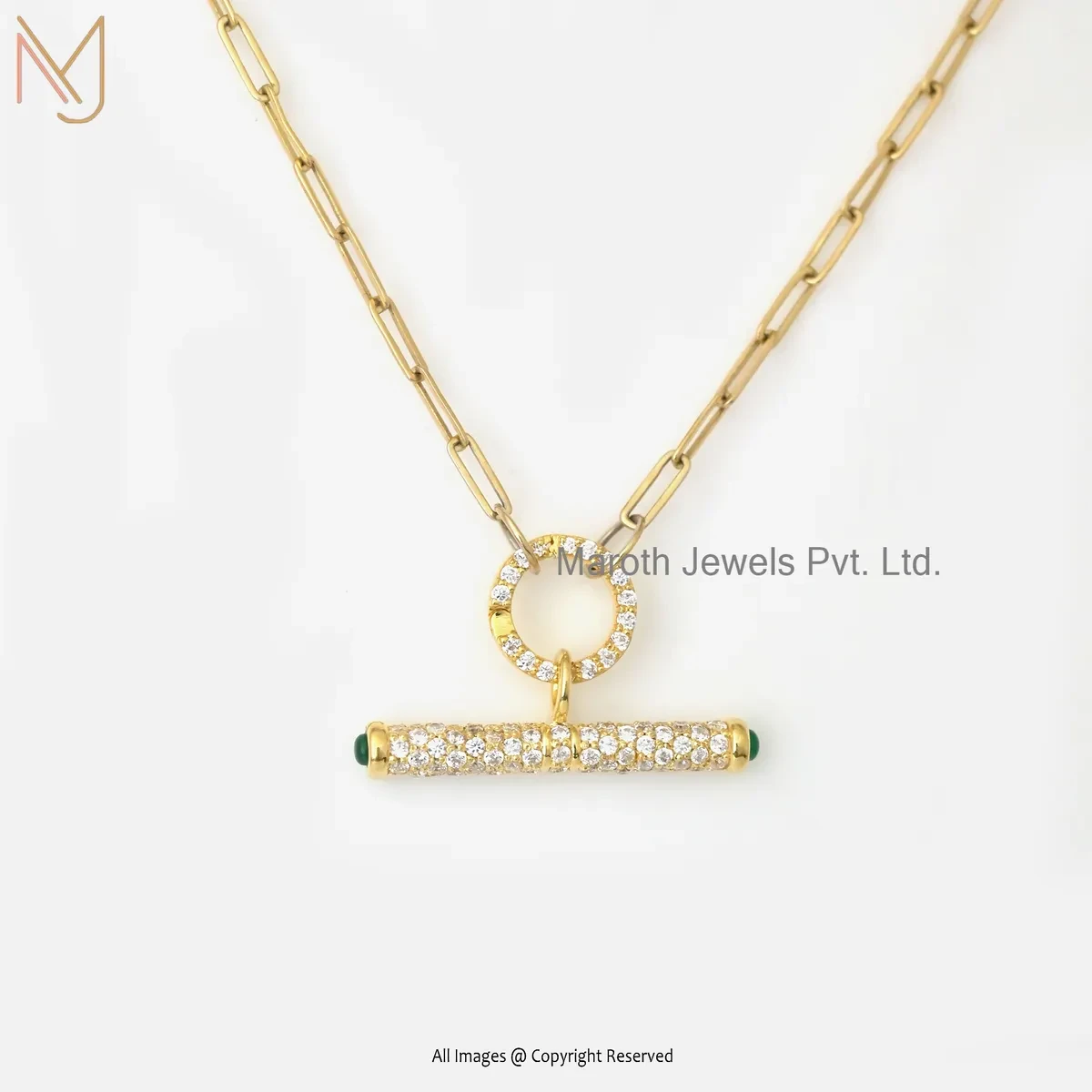 14K Yellow Gold Cubic Zircon Diamond T-Bar Paperclip Necklace Charm Holder Jewelry USA