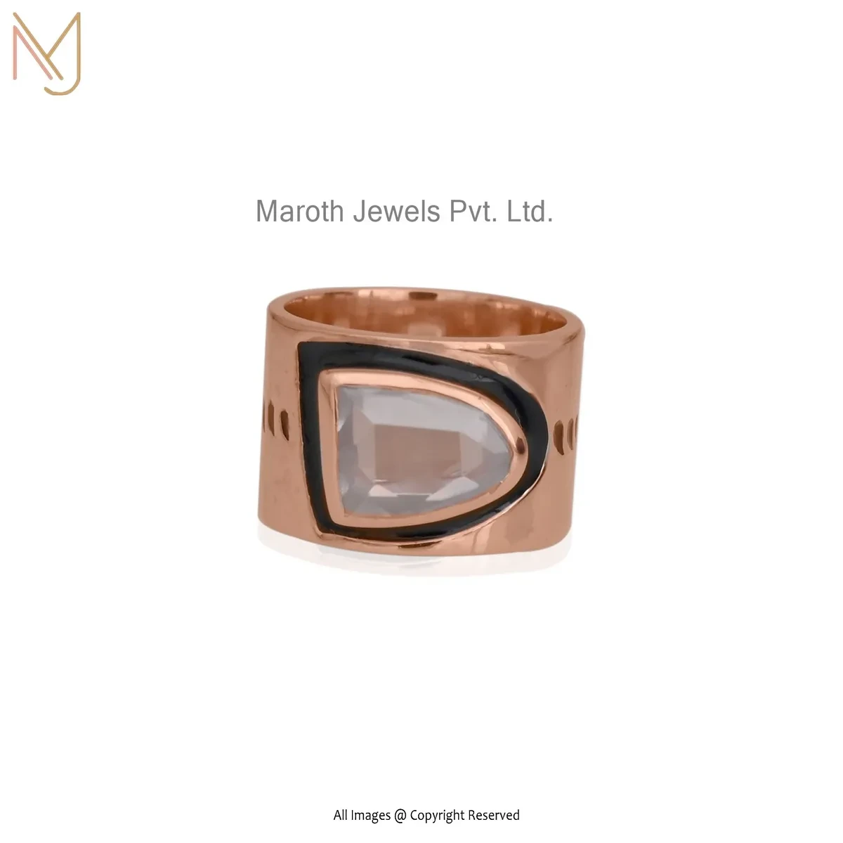 925 Silver Rose Gold Plated Cubic Zircon And Black Enamel Geometric - Cut Gemstone Ring USA