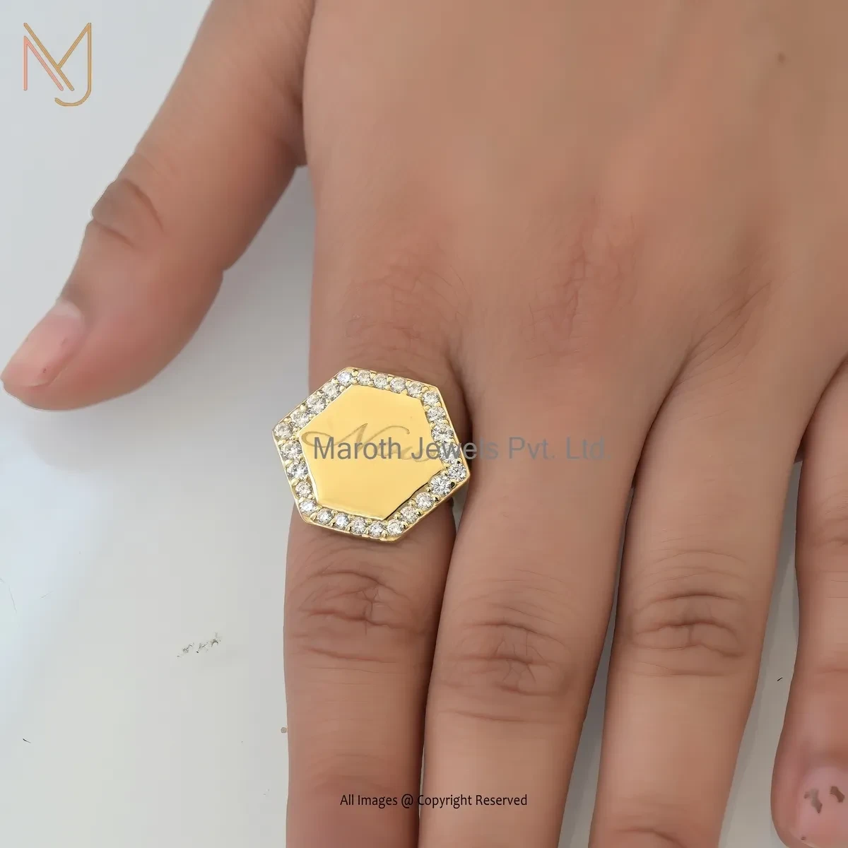 Wholesale 925 Silver Yellow Gold Plated Cubic Zircon Hexagon Initial Letter Ring