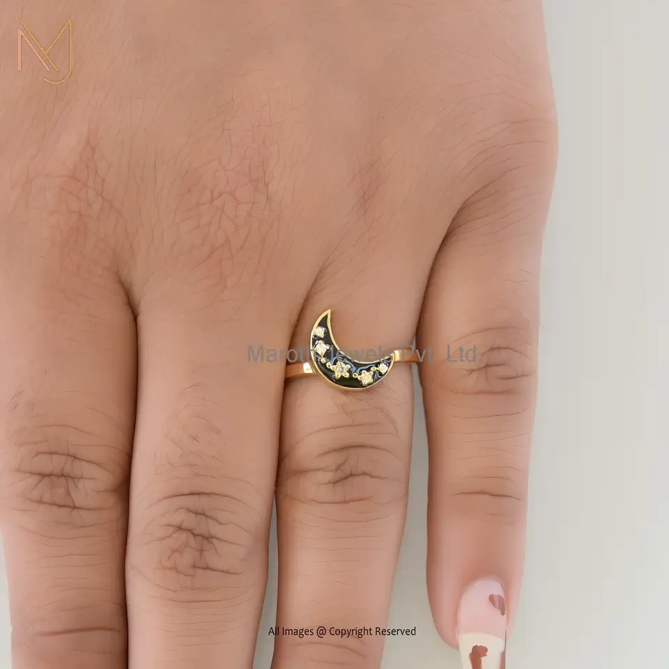 Wholesale 14K Yellow Gold Moissanite And Black Enamel Moon Star Ring
