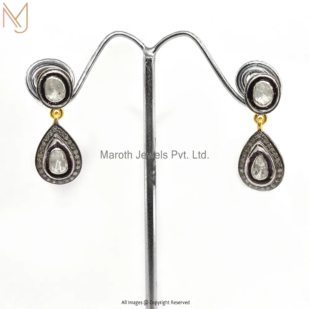 Wholesale 925 Silver Yellow Gold Rhodium Plated Pave Diamond & Rose Cut Diamond  Earrings Jewelry