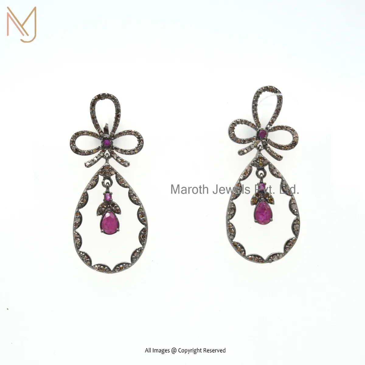 14K Yellow Gold Rose Cut Diamond Ruby Dangle Drop Earring Manufacturer