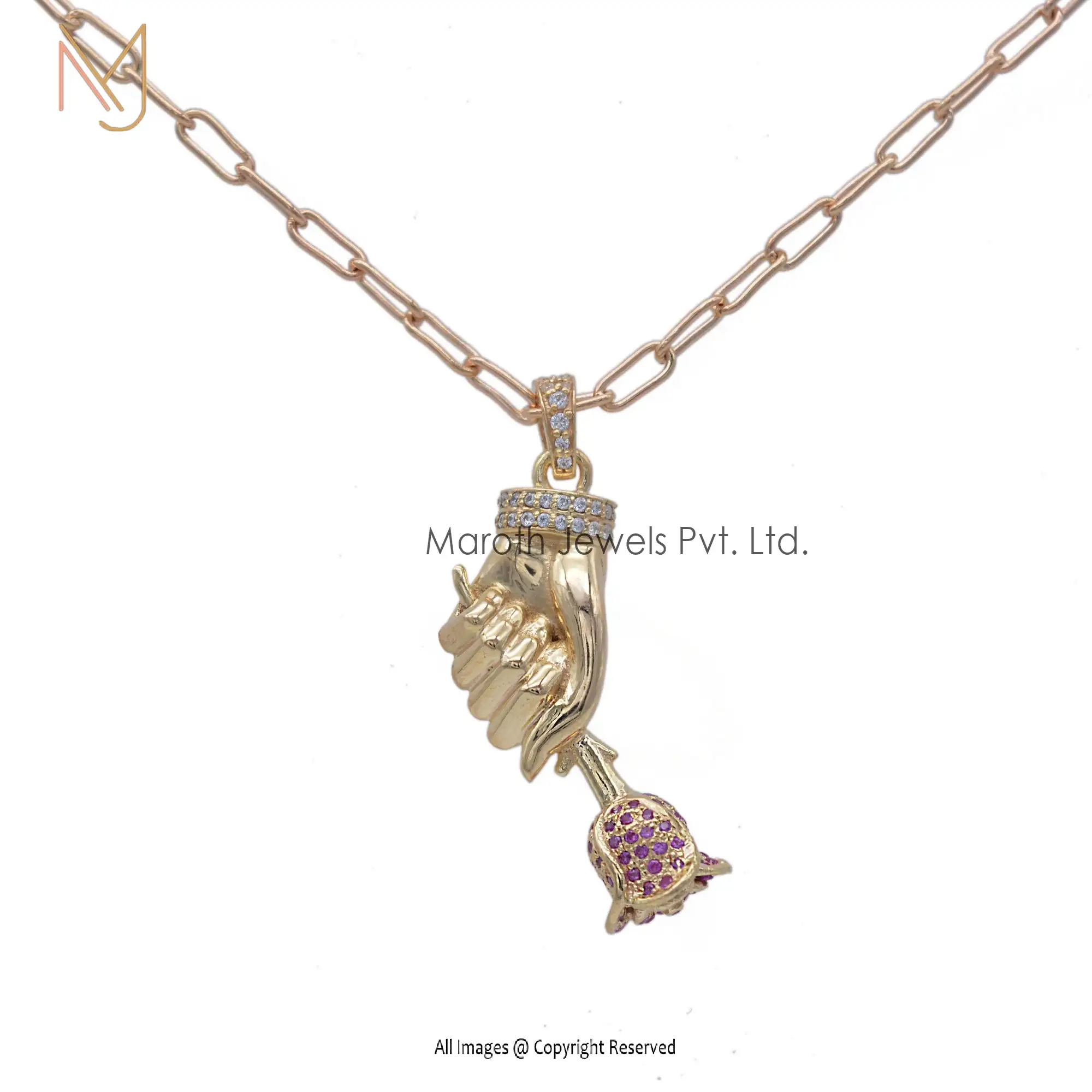 14k Yellow Gold Designer White Diamond And Pink Sapphire Gemstone Pendant Manufacturer