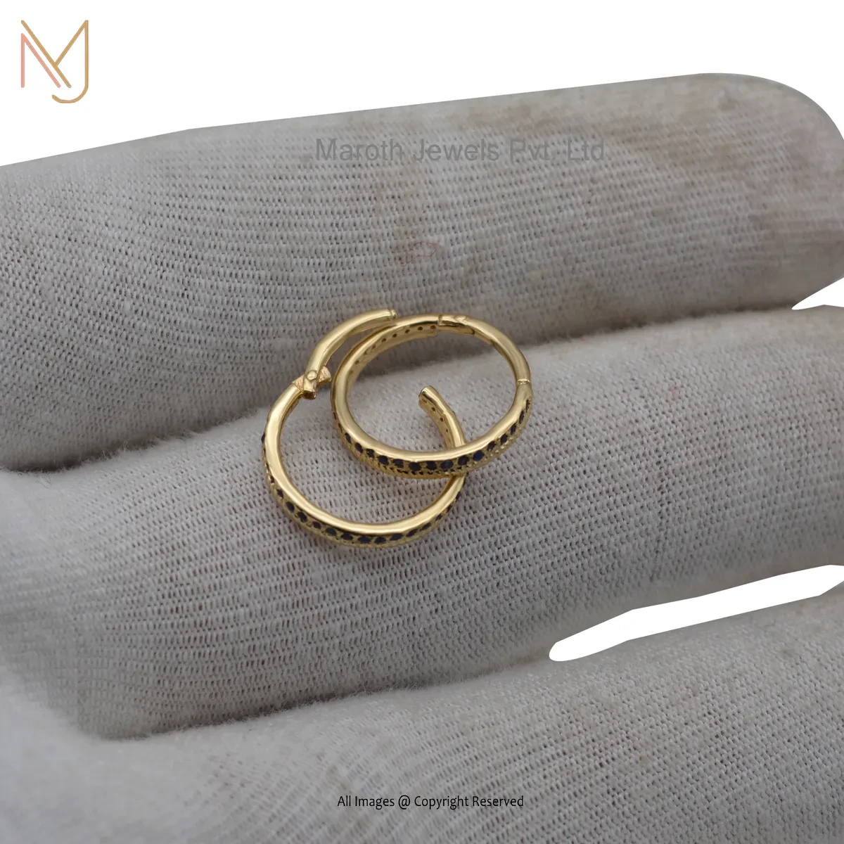 925 Silver Yellow Gold Plated Blue Sapphire Gemstone Huggies Hoop Earring Manufacturer