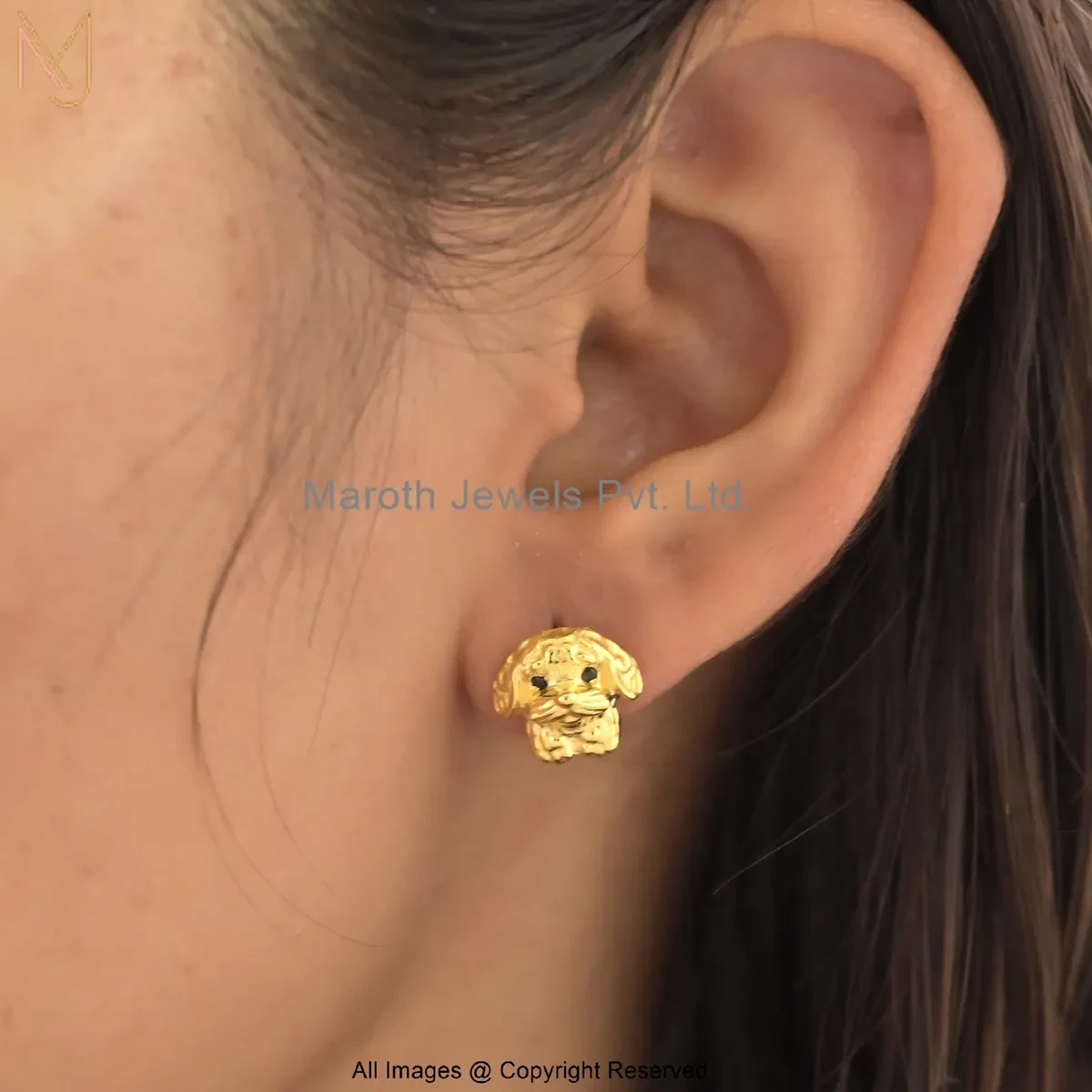 14K Yellow Gold Black Cubic Zircon Cute Puppy Stud Earring Custom Jewelry
